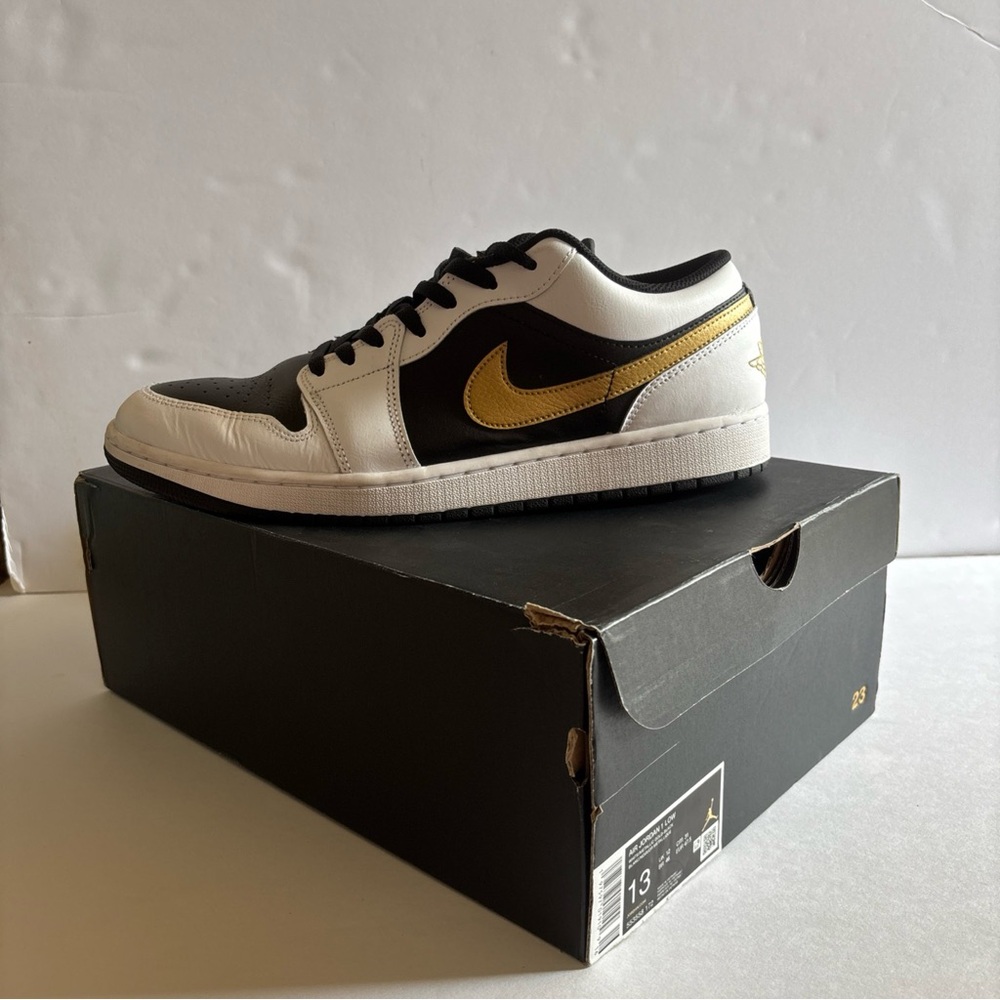 Jordan Air Jordan 1 Low White Black Metallic Gold 553558-172 Gold Swoosh Mens 13